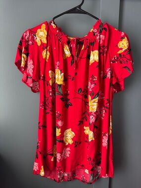 Old Navy Red Floral Tunic with Yellow & Pink Flowers